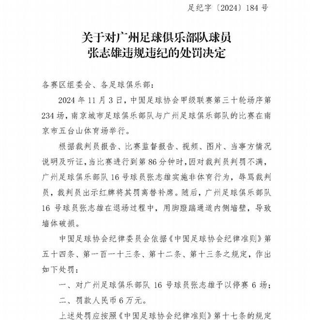 足协官方：广州刘浪舟张志雄停赛6场罚款6万